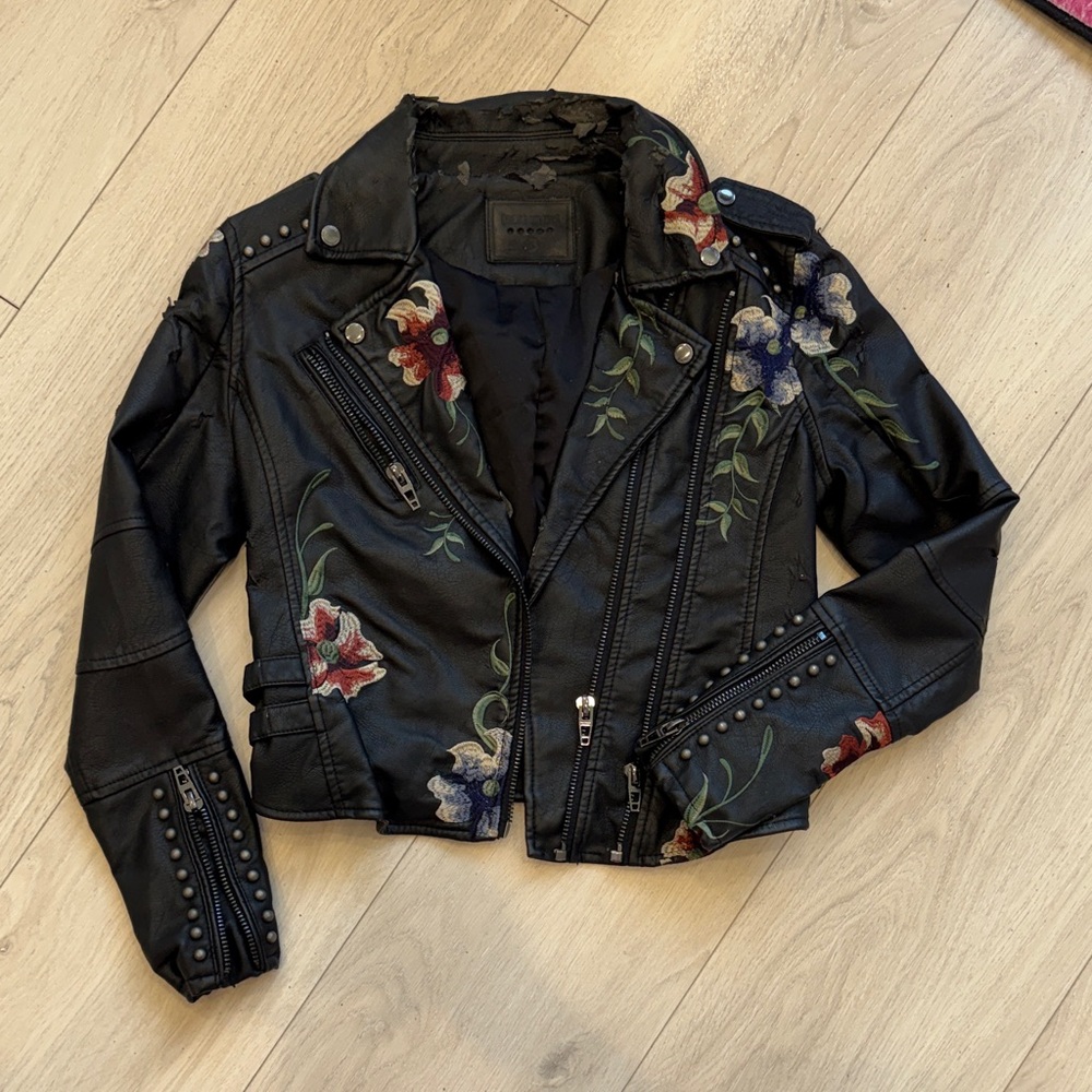 Blank NYC “As You Wish” Black Vegan Jacket with Floral Embroidery